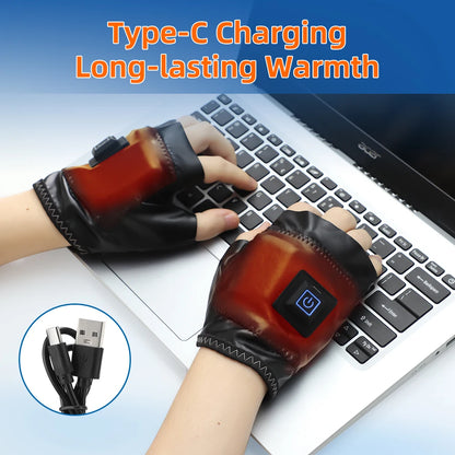 Smart Wireless Heating Leather Gloves Winter Thermal Fingerless Glove Hand Keep Warm Promote Blood Circulation for Office Gaming