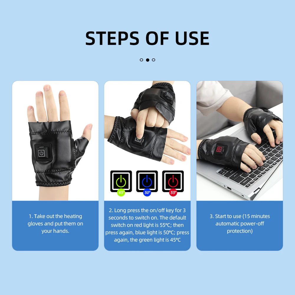 Smart Wireless Heating Leather Gloves Winter Thermal Fingerless Glove Hand Keep Warm Promote Blood Circulation for Office Gaming